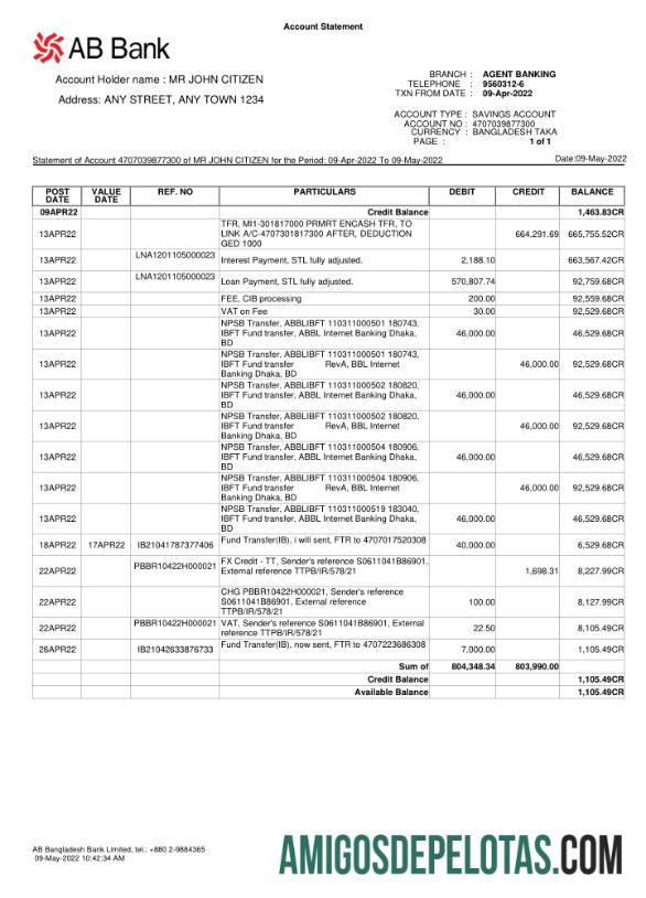Modelo de extrato bancário AB de Bangladesh
